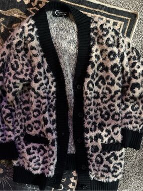 Midnight Hour Black & Cream Leopard Fuzzy Cardigan Sweater